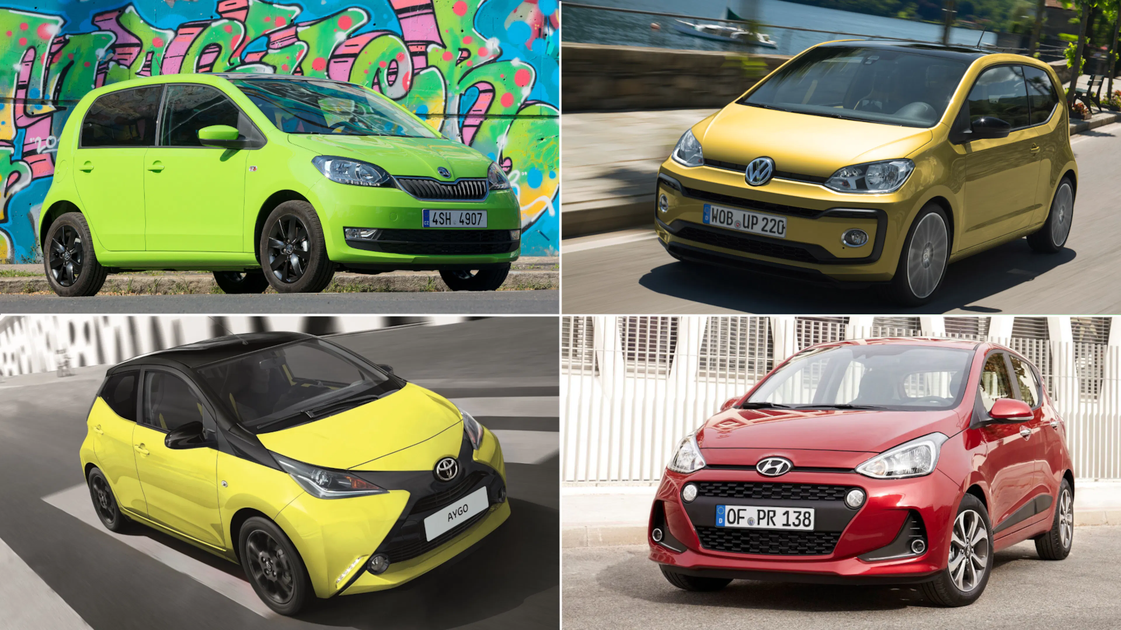 ildcollage mit vier Kleinstwagen. Oben links steht ein hellgrüner Škoda Citigo vor einer Graffitiwand. Oben rechts fährt ein gelber VW up! an einem Ufer entlang. Unten links ist ein gelber Toyota Aygo mit schwarzem Dach in Fahrt zu sehen. Unten rechts steht ein roter Hyundai i10 vor einem weißen Lamellenzaun.