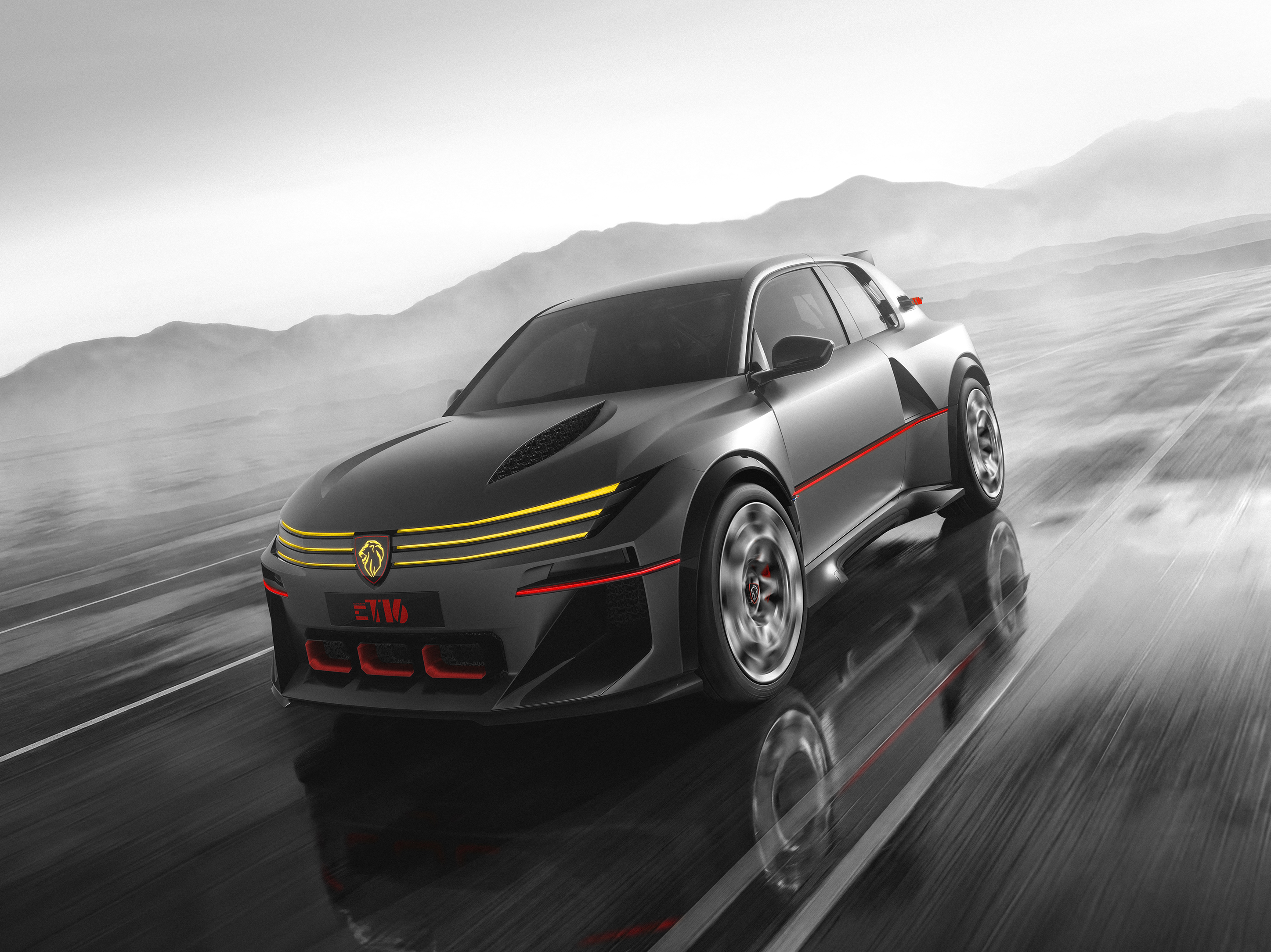 Dunkelgrauer Peugeot e-T16 Concept mit gelben Leuchtbalken und roten Akzenten fährt über eine nasse Straße vor Nebelbergen.