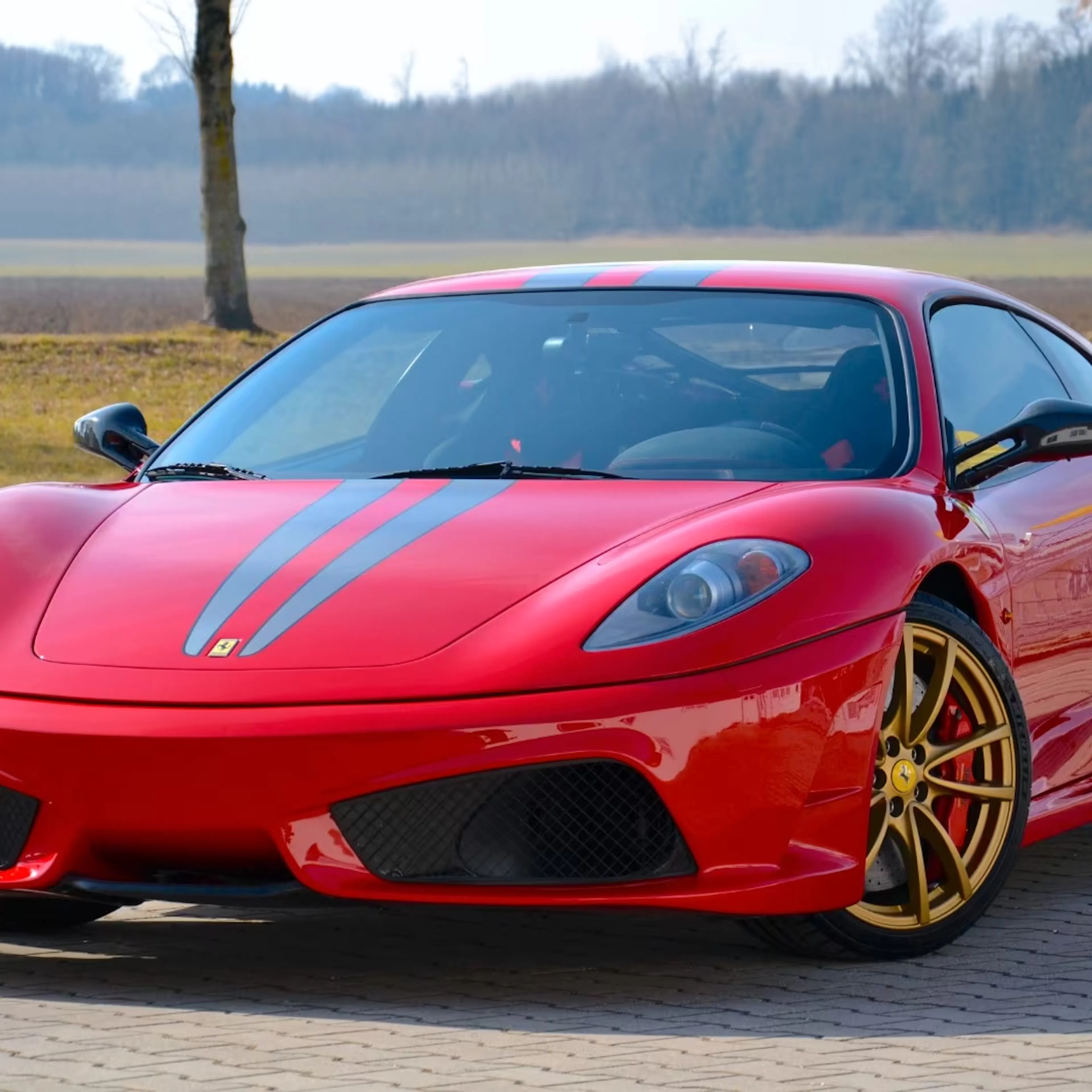 Ein roter Ferrari F430 steht auf einem Parkplatz.