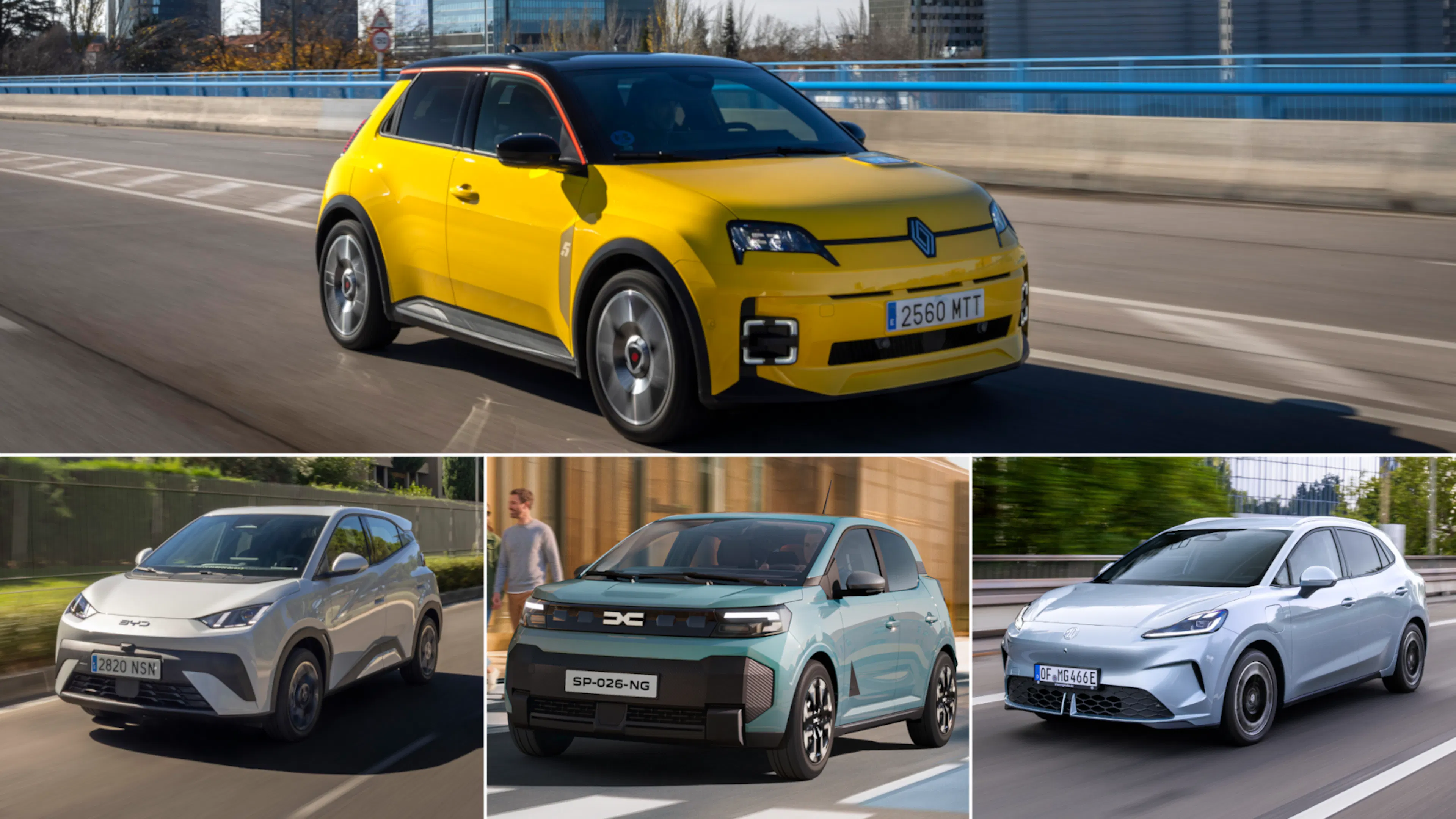 Bildcollage aus vier Elektroautos. Oben fährt ein gelber Renault 5 E-Tech mit schwarzem Dach über eine Brücke. Darunter stehen nebeneinander ein silberfarbener BYD Dolphin Surf, ein mintgrüner Dacia Spring und ein hellblauer MG4, alle in Fahrt auf Stadtstraßen.