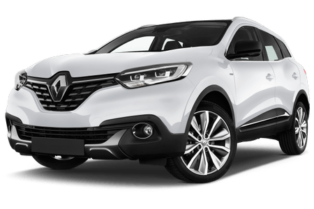 Weißer SUV mit Renault-Logo, stilvolle Scheinwerfer, Chromakzente, und glänzende Felgen. Vorderansicht auf weißem Hintergrund.