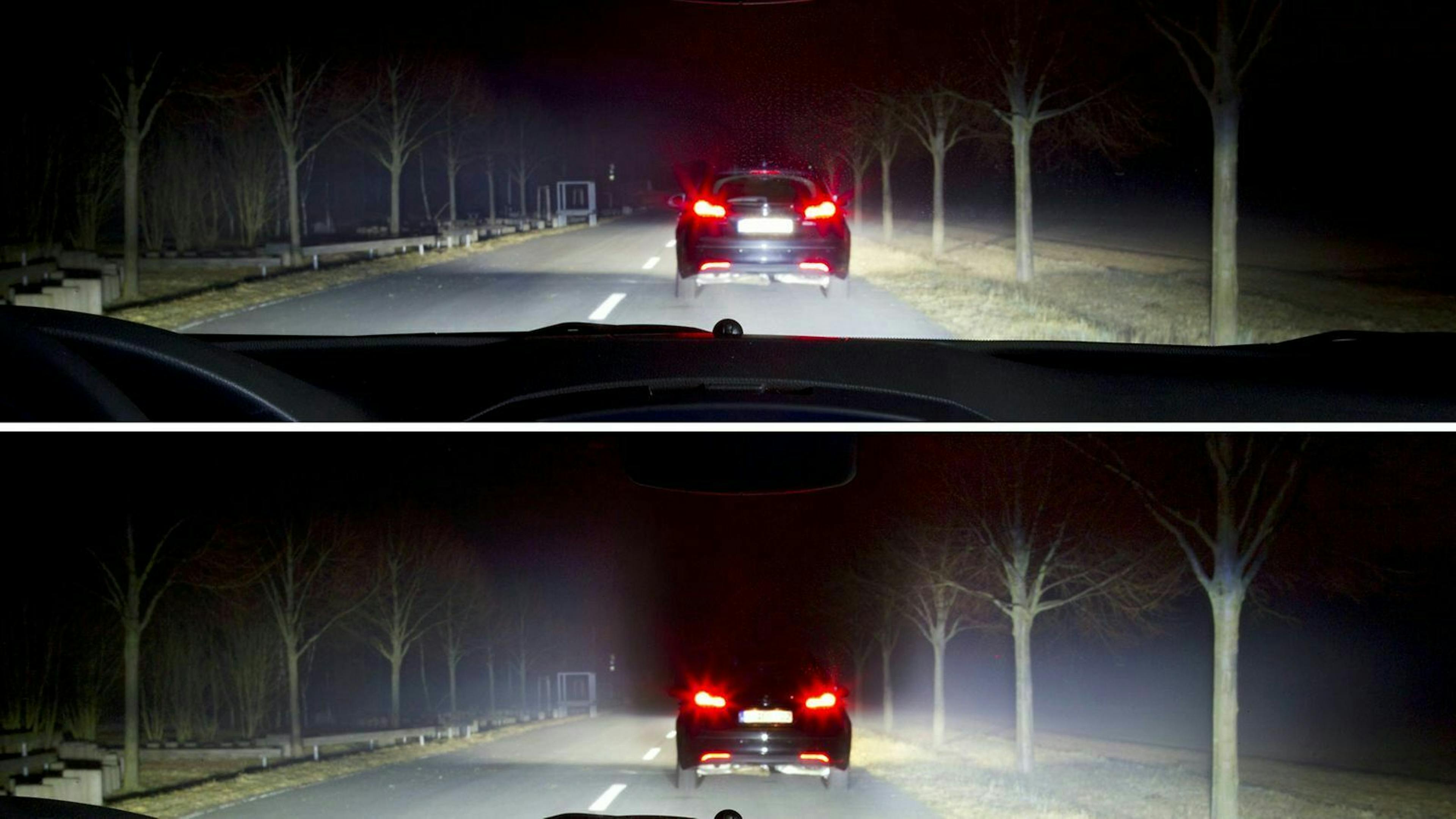 Matrix-LED-Scheinwerfer (unten) nehmen andere Verkehrsteilnehmer aus dem Lichtkegel, damit sie nicht geblendet werden