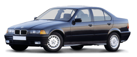 Blauer BMW E36 Limousine, seitliche Vorderansicht, parkend auf transparentem Hintergrund.