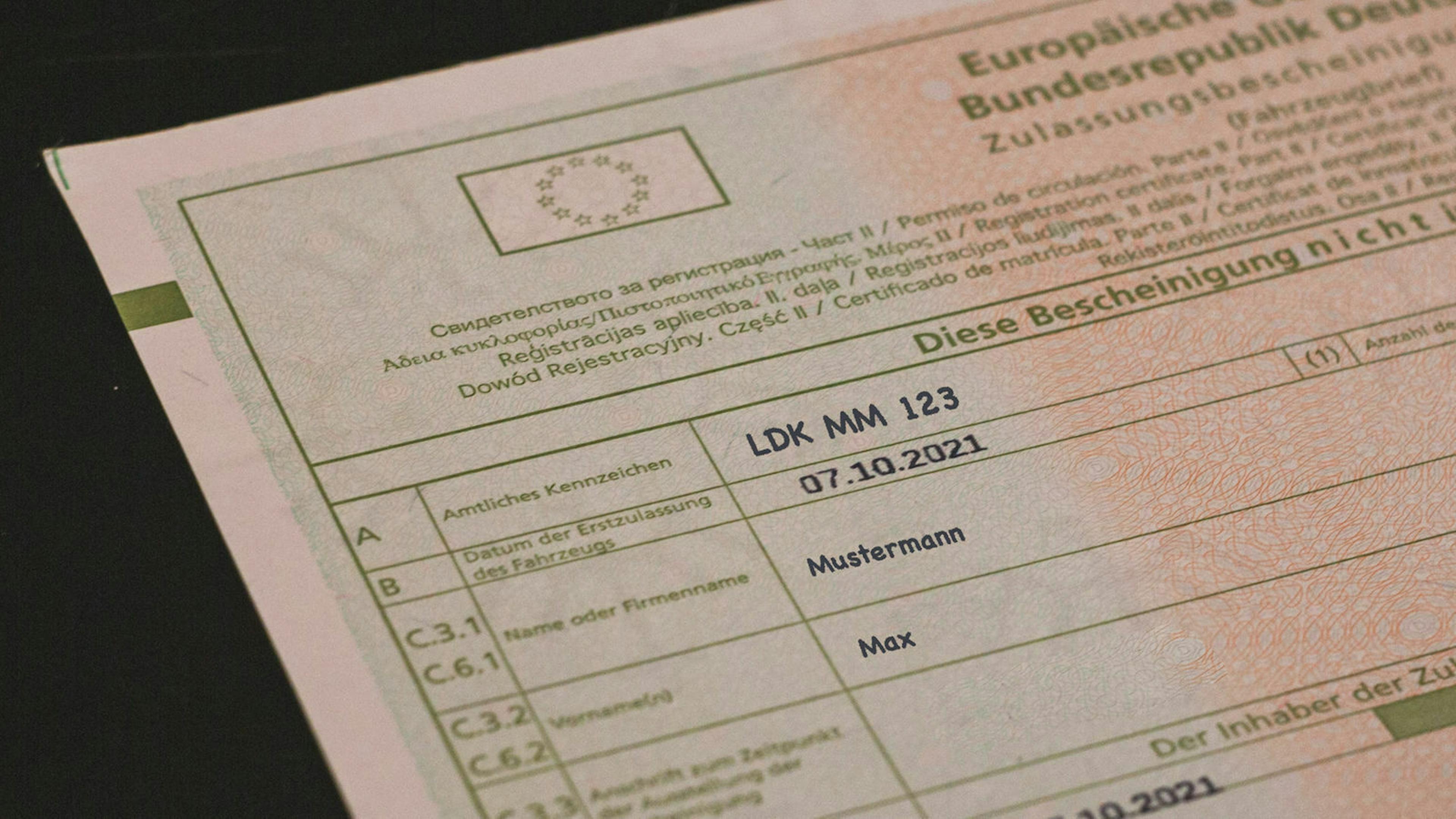 Nahaufnahme eines Fahrzeugbriefs mit den Angaben des Fahrzeughalters und des Kennzeichens