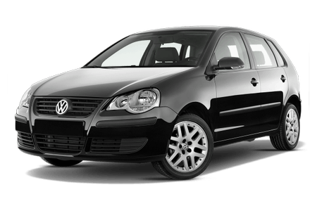 Schwarzer Volkswagen Polo, fünftürig, seitliche Frontansicht, auf weißem Hintergrund.