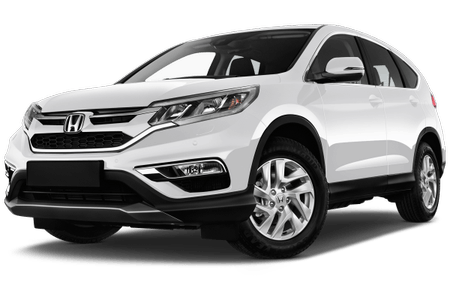 Weißer Honda CR-V SUV, Frontansicht von schräg unten, mit klar erkennbaren Details wie Scheinwerfern und Kühlergrill, auf weißem Hintergrund.