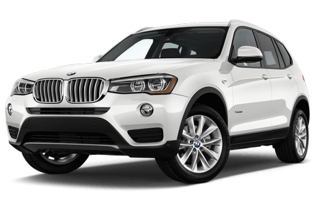 Weißer BMW SUV, Frontansicht von links. Modernes Design, markante Frontscheinwerfer und charakteristische Niere.