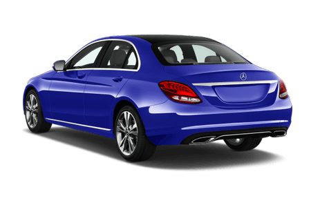 Blauer Mercedes-Benz C-Klasse, Heckansicht, auf weißem Hintergrund.