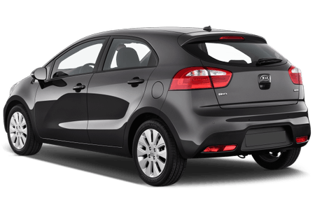 Schwarzer, kompakter 5-Türer in seitlicher Rückansicht, geparkt, mit glänzenden Felgen und getönten Fenstern.