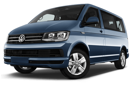 Blauer Volkswagen Transporter T6, seitliche Vorderansicht. Der Van hat silberne Felgen und große Fenster, ideal für den Personentransport.