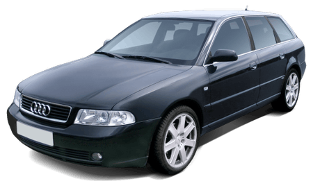 Schwarzer Audi Kombi, seitliche Ansicht, silberne Felgen, klare Scheinwerfer, glatte Karosserie, geparkt vor weißem Hintergrund.