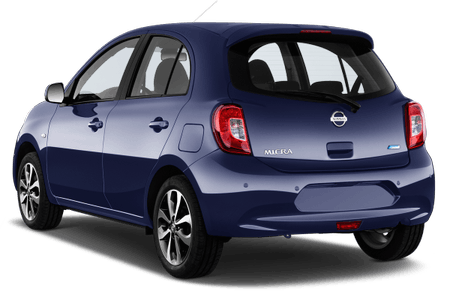 Dunkelblauer Kleinwagen, Nissan, Rückansicht, mit getönten Fenstern und stilvollen Leichtmetallfelgen.