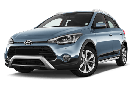 Blauer Hyundai i20 Active, Kompakt-SUV, seitliche Vorderansicht, auf weißem Hintergrund.