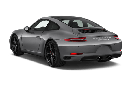 Grauer Sportwagen, Seitenansicht von hinten. Elegantes Design mit getönten Fenstern und sportlichen Felgen.