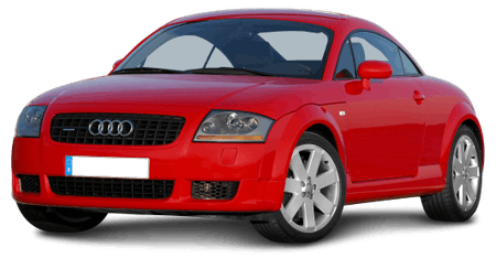 Roter Audi TT Coupé, seitliche Frontansicht, auf weißem Hintergrund.