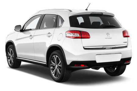 Weißer SUV von hinten, auf weißem Hintergrund. Er hat getönte Fenster, ein Peugeot-Logo und moderne Rücklichter.