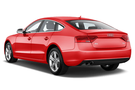 Roter Audi A5 von schräg hinten fotografiert, geparkter Sportwagen auf weißem Hintergrund.