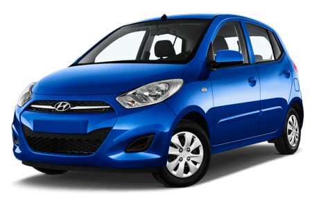 Blaues Auto, frontale Seitenansicht, mit glänzender Lackierung und silbernen Felgen. Kompaktmodell mit klaren Linien und großem Scheinwerfer.