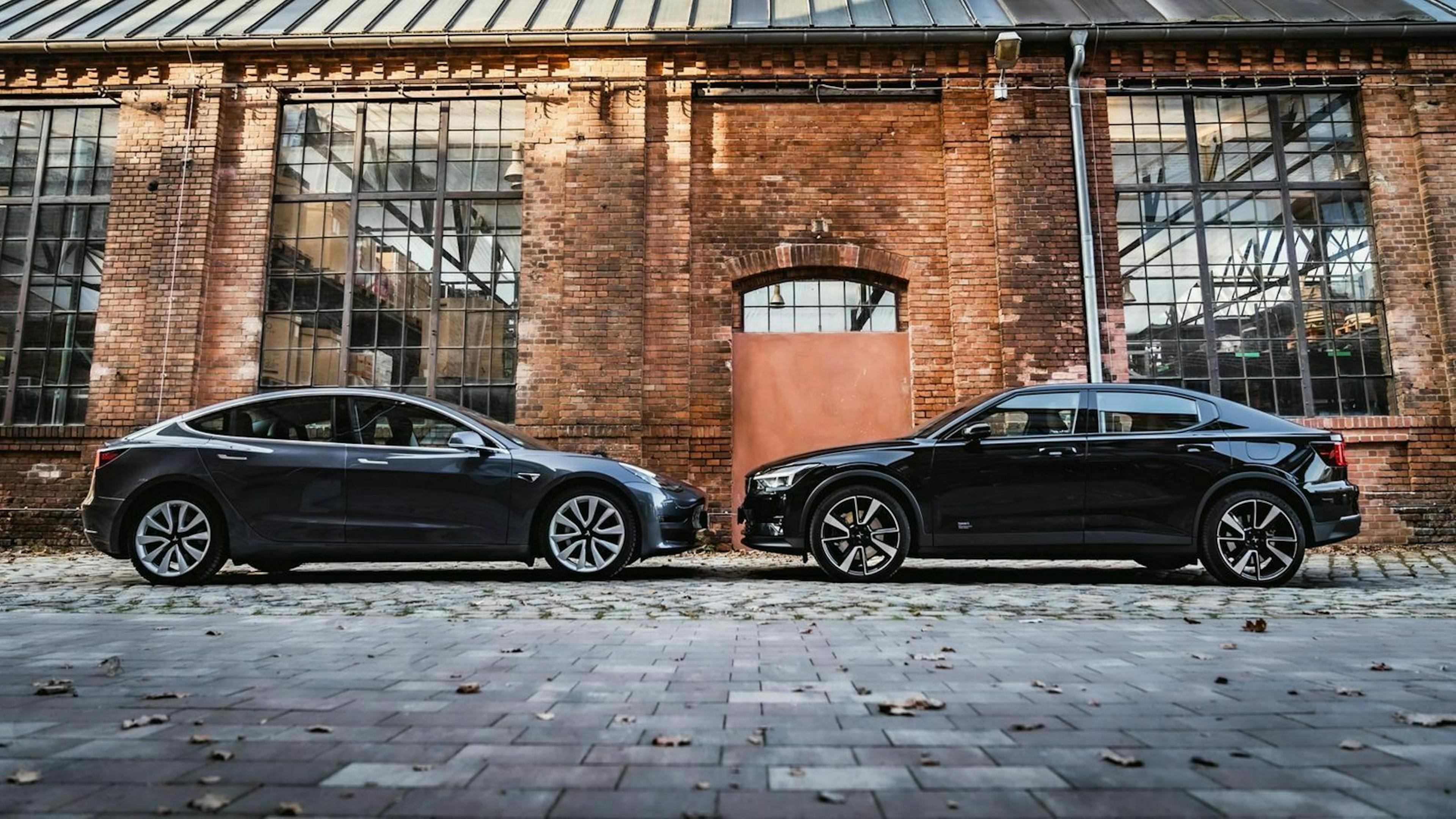Das Tesla Model 3 und der Polestar in Seitenansicht 