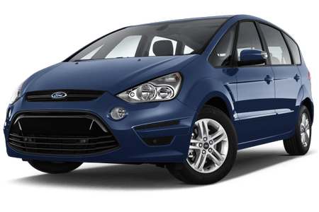 Blauer Ford S-MAX, Vorderansicht. Minivan mit aerodynamischem Design, großen Scheinwerfern und glänzenden Felgen auf weißem Hintergrund.
