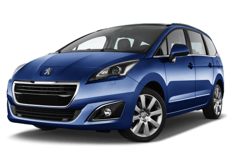 Blauer Peugeot 5008, Vorderansicht, auf weißem Hintergrund. Kompakter SUV mit ausgeprägtem Kühlergrill und modernen Scheinwerfern.