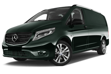 Dunkelgrüner Mercedes-Benz Van, seitliche Ansicht. Elegantes Design mit markantem Kühlergrill und markentypischem Stern-Logo.