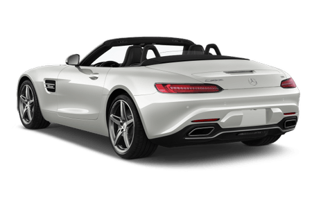 Weißer Sportwagen-Cabrio mit Mercedes-Logo, modernem Design, geöffnetem Dach und eleganten Kurvenansichten.