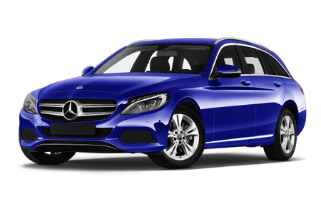 Blauer Mercedes Kombi, seitliche Frontansicht, auf weißem Hintergrund.