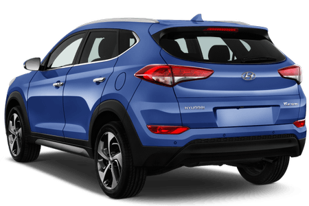 Blauer Hyundai SUV, Rückansicht. Modernes Design, rote Rückleuchten, schwarze Felgen. Fahrzeug in geparkter Position.