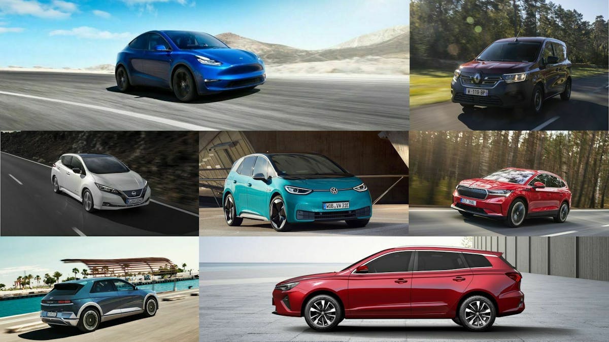 Fotomontage mit sieben familientauglichen Elektroautos verschiedener Automarken