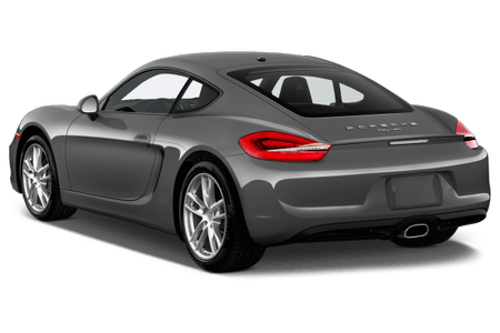 Graues Sportcoupé, Seiten- und Heckansicht, mit glänzenden Felgen, beleuchteten Rücklichtern und sportlichem Design.