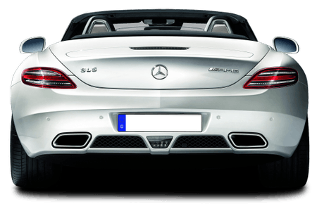 Weißer Mercedes-Benz SLS AMG Roadster von hinten, Cabrio, sichtbar sind Auspuffrohre, Rücklichter und Logo.