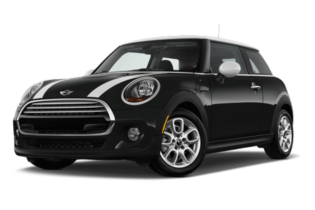 Schwarzer Mini Cooper mit weißen Streifen auf der Motorhaube, geparkt auf transparentem Hintergrund.