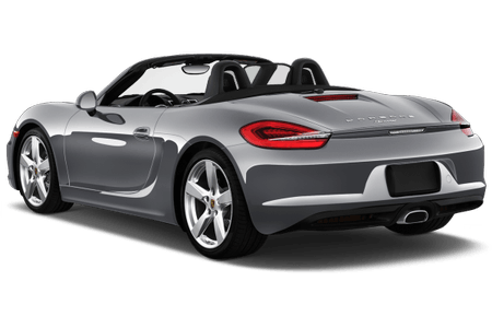 Silberner Sportwagen-Cabrio von hinten, schwarze Sitze, glänzende Karosserie, offenem Verdeck, vor weißem Hintergrund.