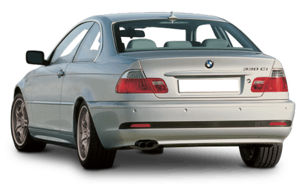 Silberner BMW 330Ci von hinten, geparkt, mit klar erkennbaren Rücklichtern und einem sportlichen Design.