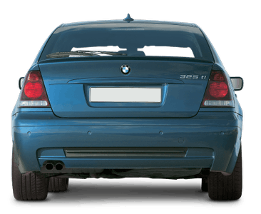 Blauer BMW 325ti Compact von hinten, mit Doppelauspuff und klar erkennbaren Rücklichtern.