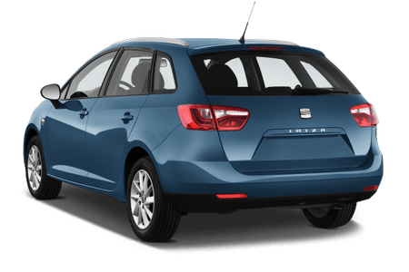 Blauer Seat Ibiza Kombi, Rückansicht, auf weißem Hintergrund. Fahrzeug hat fünf Türen und dunkle Heckscheiben.