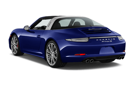 Blauer Porsche 911 Carrera GTS, seitliche Heckansicht, mit silbernem Überrollbügel und sportlichem Design, auf weißem Hintergrund.