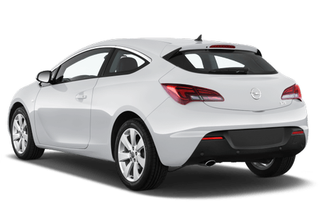 Weißes Auto, Dreitürer, Seitenansicht von hinten, moderner Stil, auf weißem Hintergrund.