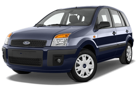 Blauer Ford Fusion von schräg vorne fotografiert, zeigt vier Türen, schwarze Stoßfänger und weiße Felgen.