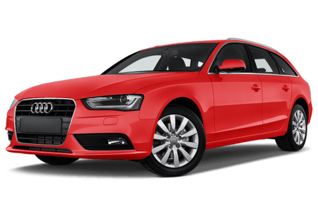 Roter Audi kombi, seitlich von vorne aufgenommen, auf weißem Hintergrund.