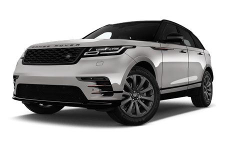 Silberner SUV Range Rover mit schwarzem Dach und getönten Fenstern, steht vor neutralem Hintergrund.