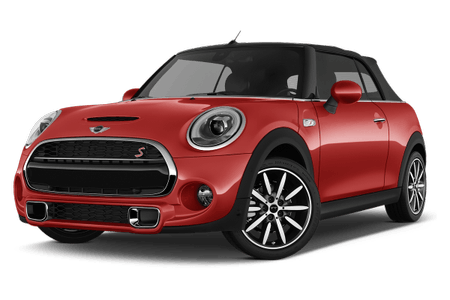 Roter Mini Cooper S mit schwarzen Akzenten und 5-Speichen-Felgen, seitlich von vorne auf weißem Hintergrund abgebildet.