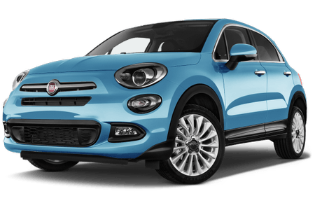 Blauer Fiat SUV, seitlich von vorne fotografiert. Moderne Frontpartie mit runden Scheinwerfern und markantem Kühlergrill.