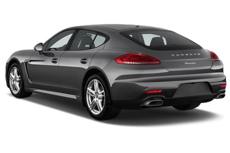 Grauer Porsche Panamera, Rückansicht. Stilvolles Design mit markanten Rücklichtern und Doppelauspuff. Elegantes, sportliches Fahrzeug.