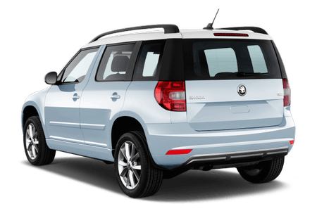 Weißer SUV der Marke Skoda, Modell Yeti, von hinten fotografiert. Das Fahrzeug hat einen Dachträger und steht vor einem weißen Hintergrund.