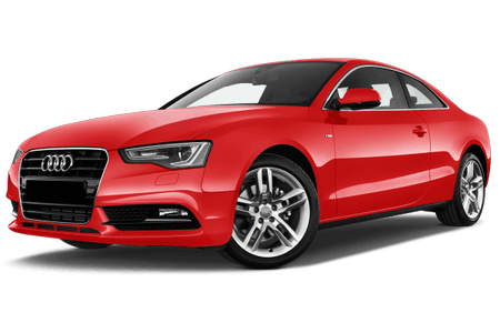 Rotes Sportcoupé mit modernem Design und silbernen Felgen, frontal leicht seitlich fotografiert.