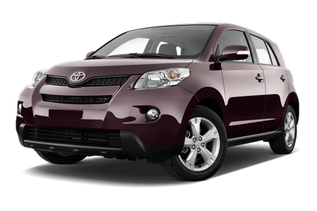 Weinroter Toyota-SUV, seitliche Vorderansicht. Fünf Türen, silberne Felgen und schwarze Akzente. Fahrzeug vor weißem Hintergrund.