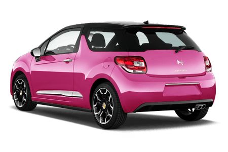 Rosafarbener Citroën DS3 mit schwarzen Dächern und Rücklichtern von hinten, auf weißem Hintergrund.