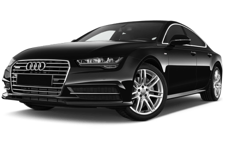 Schwarzer Audi A7 von schräg vorne, zeigt Designlinien, LED-Scheinwerfer und Alufelgen. Luxuriöse Sportlimousine auf weißem Hintergrund.